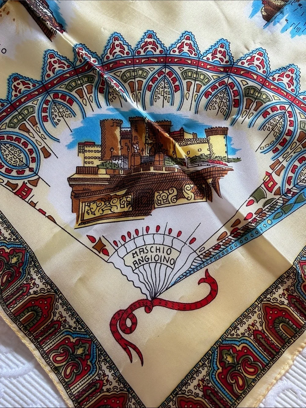Napoli Souvenir Silk Scarf in Cream, Blue & Red